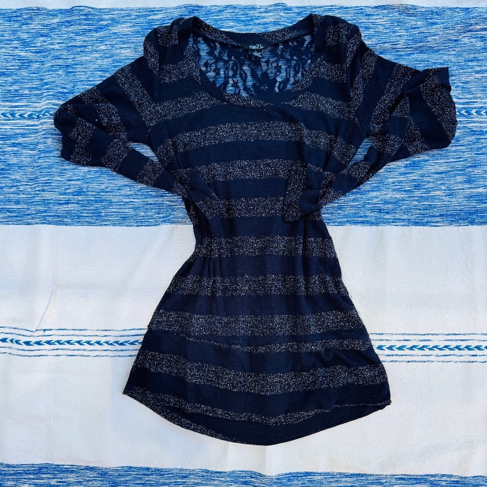 Rue 21 Y2K inspired navy blue striped glitter top